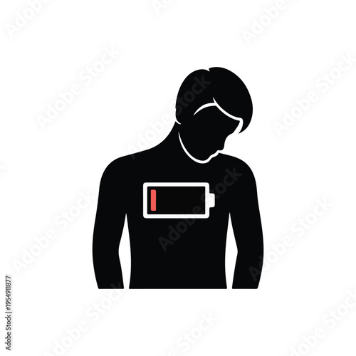 Silhouette of Tired Person with Low Battery Icon, Concept of Fatigue and Burnout