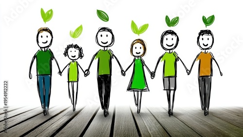Family with leafy heads depiction of a family unit adorned with natural foliage crowns evoking themes of nature and connection