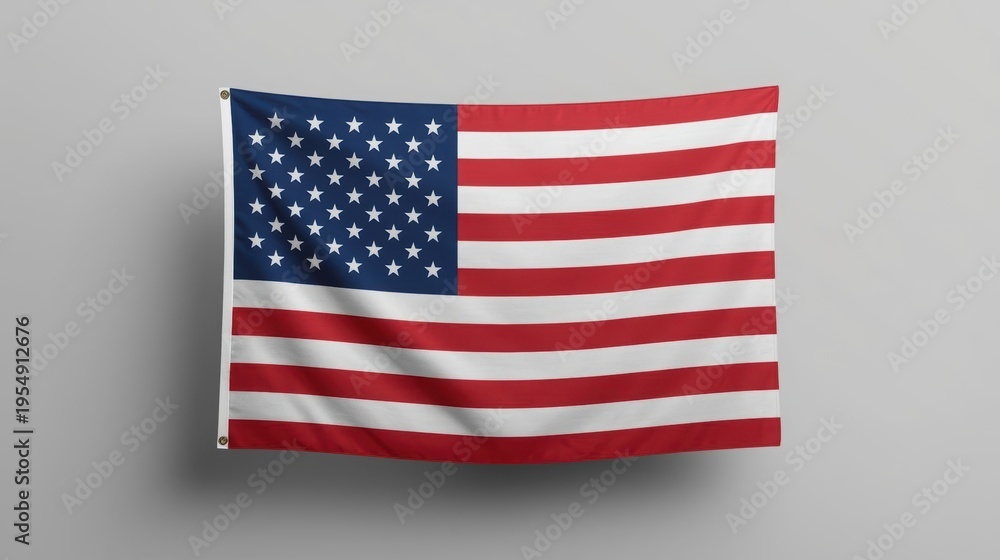 Obraz premium The iconic United States of America flag hangs proudly, showcasing its vibrant stars and stripes against a simple, neutral background indoors.
