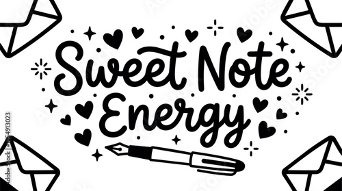 Sweet note energy handwritten lettering with hearts and pen vector art