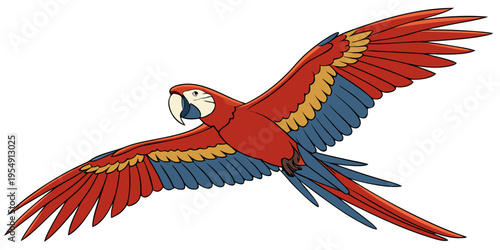 "A professional, ultra high-resolution photorealistic render of a Scarlet Macaw (Ara macao) in full flight, isolated on a solid white background. The parrot is shown in a dynamic side profile with win
