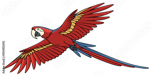 "A professional, ultra high-resolution photorealistic render of a Scarlet Macaw (Ara macao) in full flight, isolated on a solid white background. The parrot is shown in a dynamic side profile with win