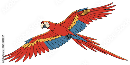 "A professional, ultra high-resolution photorealistic render of a Scarlet Macaw (Ara macao) in full flight, isolated on a solid white background. The parrot is shown in a dynamic side profile with win
