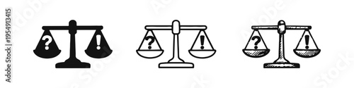 Scales of Justice with Question Mark and Exclamation Mark Icons Representing Choice, Dilemma, and Decision-Making in Different Styles