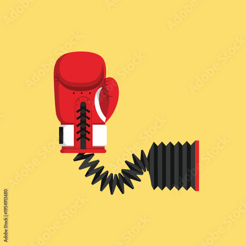 Vertical boxing glove on extendable accordion spring mechanism for april fools day celebration funny prank toy illustration isolated on yellow backdrop
