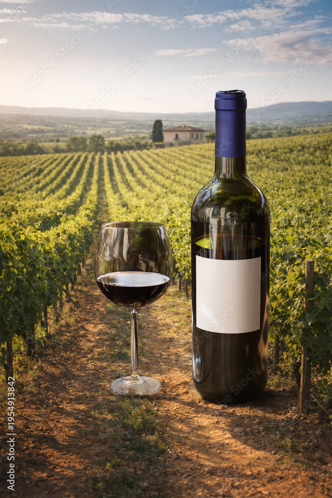 Fototapeta premium Red wine bottle and glass standing in vineyard landscape. Concept of wine marketing visuals, luxury alcohol promo, vineyard tourism ads, product branding content, and gourmet lifestyle campaign.