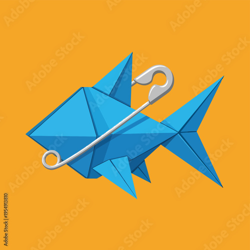 Origami shark with safety pin, conceptual metaphor for something dangerous or deceptive that is being held back or restrained.