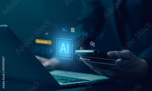 AI generates interface, creative content on digital apps. Artificial intelligence application concept. robot prompt data, platform technology, and machine learning tools. generates AI content