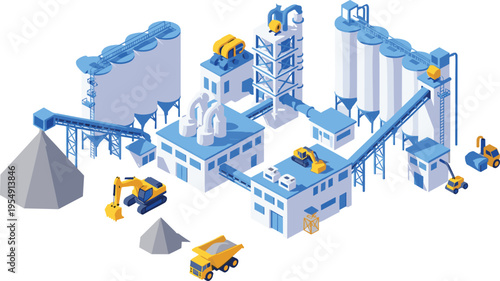 Isometric vector illustration of a large industrial factory plant featuring storage silos, conveyor belts, heavy machinery, excavators, dump trucks, and modern warehouse buildings.