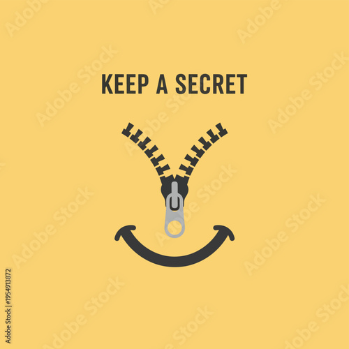 Secret communication concept with zipper mouth smile icon on yellow background for privacy and confidentiality metaphor flat vector graphic design