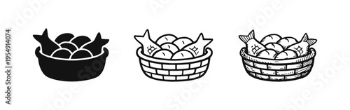 Loaves and Fish Basket Icons Set. Biblical Miracle Symbol. Christian Food Provision and Abundance Sign.