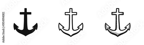Anchor with Cross Icons Set. Christian Symbol of Hope and Faith. Nautical Anchor and Religious Cross Vector.