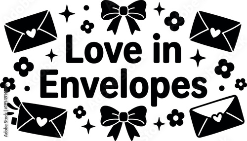 Love in envelopes phrase with hearts bows and flowers vector art