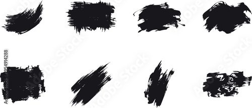 brush paint black strokes set, grunge ink texture collection, abstract artistic design elements, vector illustration isolated on transparent background