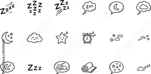 sleep and bedtime icon set, zzz symbols with moon stars and clouds, cute doodle night elements vector illustration isolated on transparent background