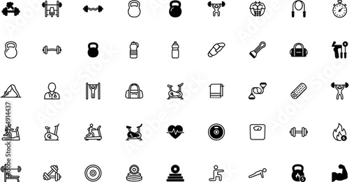 fitness gym icon set, workout and training equipment symbols, bodybuilding and cardio activity icons collection, vector illustration isolated on transparent background