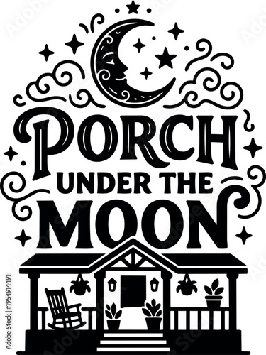 Black and white porch under the moon vector art with rocking chair and stars