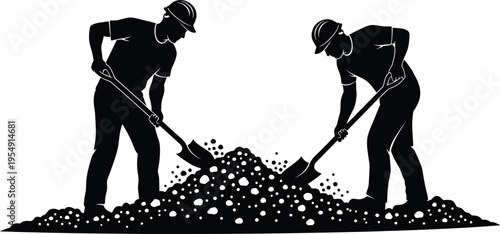 Construction workers digging soil silhouettes, manual labor teamwork, excavation work, building foundation, industrial activity, contractor job, heavy labor illustration concept