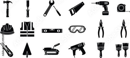 Large collection of black construction and carpentry hand tool icons including hammer, drill, saw, safety vest, hard hat, pliers, and paint brushes for professional workers.
