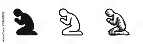 Praying person icon set in silhouette, outline, and sketch styles, depicting worship, devotion, and spirituality.
