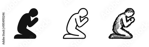 Person kneeling in prayer icon set - Worship, contemplation, meditation, or humility symbol in various styles.