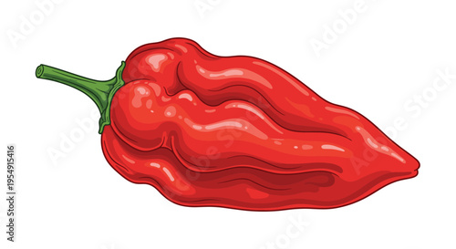 Intense illustration of a single red ghost pepper, showcasing its wrinkled, irregular shape and vibrant color, signaling extreme heat, on a white background.