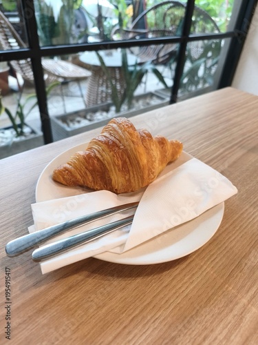 Golden croissant rests on white plate