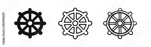 Dharma Wheel (Dharmachakra) icon set - Buddhist symbol representing the teachings and path to enlightenment.