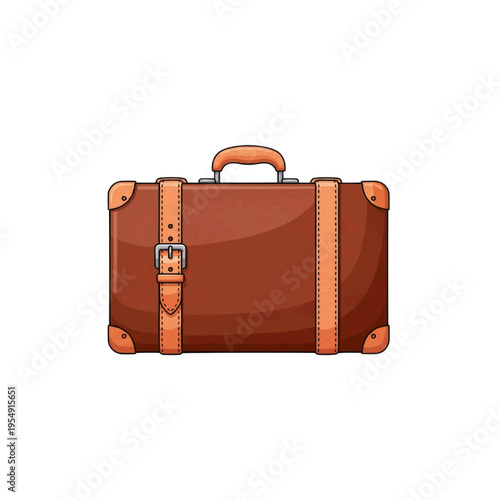 A brown leather suitcase with tan straps and buckle