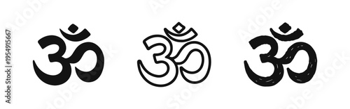 Om (Aum) symbol icon set - Sacred sound and spiritual symbol in Hinduism and Buddhism in various styles.