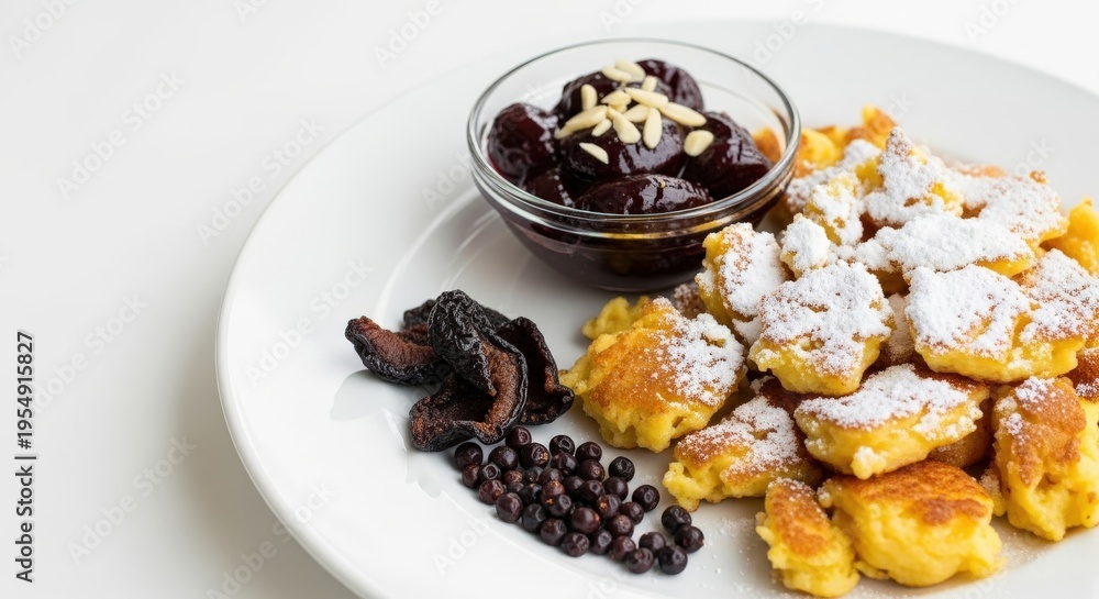 Fototapeta premium Authentic Kaiserschmarrn Shredded Pancakes with Plum Compote and Powdered Sugar - Offset Composition with Negative Space for Recipes