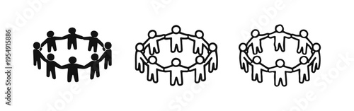 People holding hands in a circle icon set - Teamwork, community, and unity symbols in various styles.