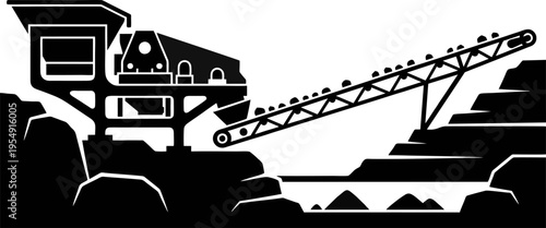 Industrial Rock Crushing Plant and Conveyor Belt System Silhouette Vector Illustration