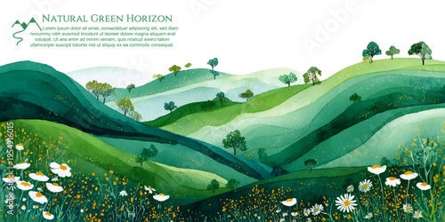 Scenic countryside view featuring blooming meadow, rolling hills, and cloudy sky. Perfect vector illustration for spring posters, cards, or seasonal designs.