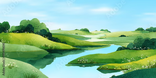 Watercolor landscape with blooming flowers across rolling hills and meadows. Spring scenery features flowing river, green grass, mountains, and blue sky with clouds.
