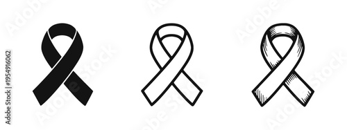 Hand drawn awareness ribbon icon set in solid, outline, and sketch styles.
