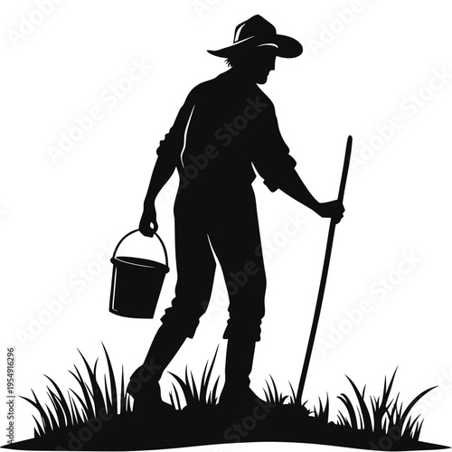 Farmer Silhouette with Bucket and Walking Stick Icon Vector