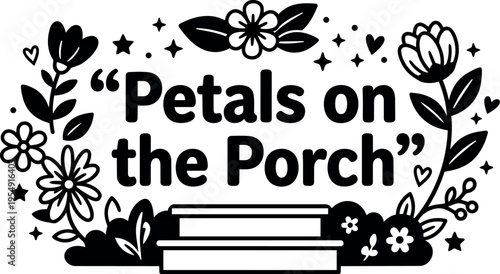 Black and white petals on the porch floral line art with flowers and stars