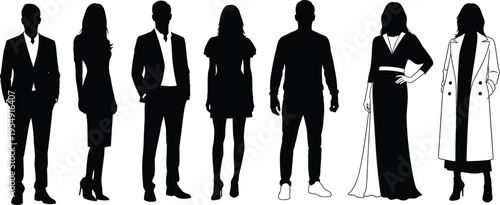 Diverse people silhouettes collection, men and women in formal and casual outfits, fashion figures set, minimalist black vector illustration