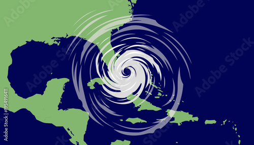 Vibrant depiction of a powerful hurricane system swirling over the Caribbean Sea and Florida coastline