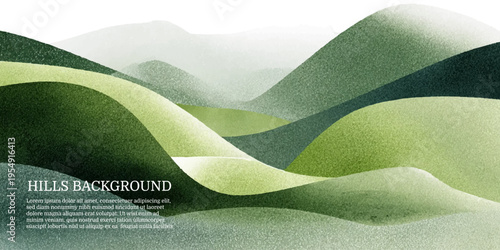 Abstract watercolor landscape depicting spring meadow under cloudy sky. Rolling hills, distant mountains, blooming flowers, and lush vegetation create peaceful countryside scenery.