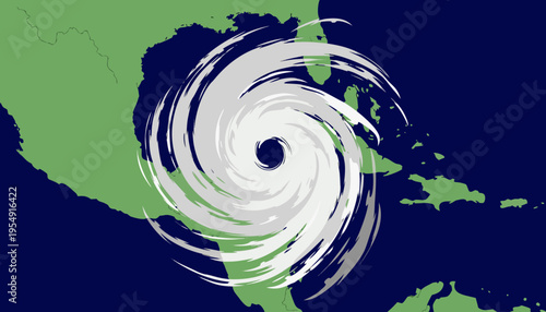 Hurricane swirling over a body of water with landmass visible on the left side
