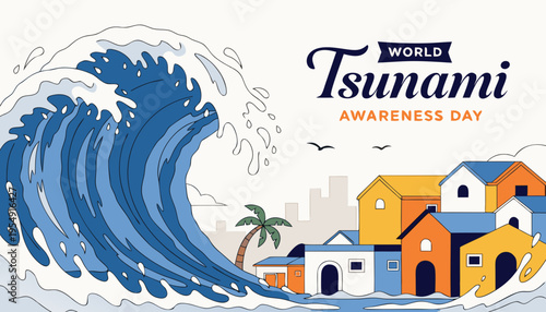 Massive ocean wave approaching a vibrant coastal village with buildings and palm trees