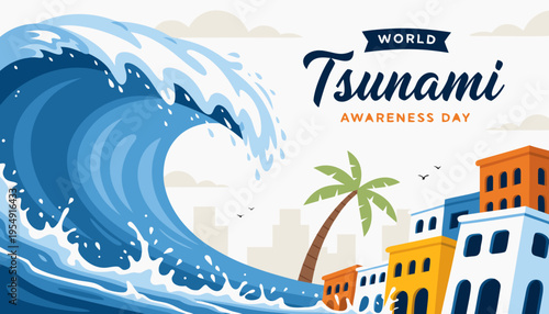 Powerful ocean tsunami wave approaching a coastal settlement, a dramatic illustration for natural disaster preparedness