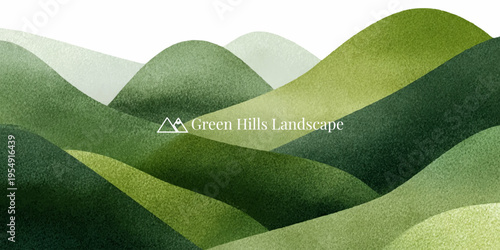 Watercolor grass meadow with rolling hills under cloudy sky. Spring landscape background featuring green fields, distant mountains, and blooming wildflowers in nature scene.