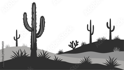 Desert Cactus Silhouette Landscape Vector Saguaro and Prickly Pear Panorama Icon