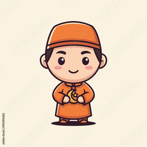 Cute Muslim Boy Holding Crescent Moon Illustration.