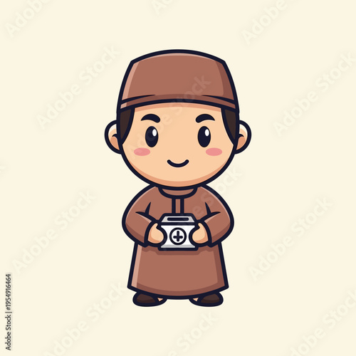 Cute Muslim Boy Holding Donation Box Illustration.