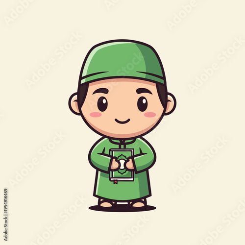 Cute Muslim Boy Holding Quran Illustration.