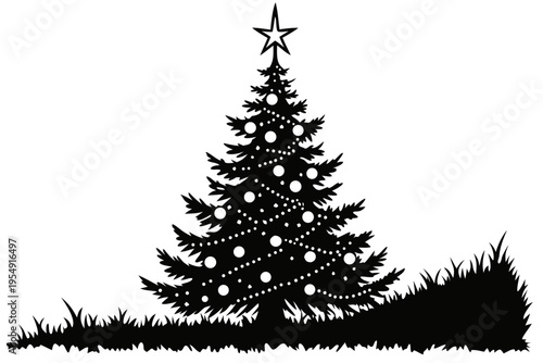 Christmas Tree Silhouette Vector with Star Topper and Ornaments Icon
